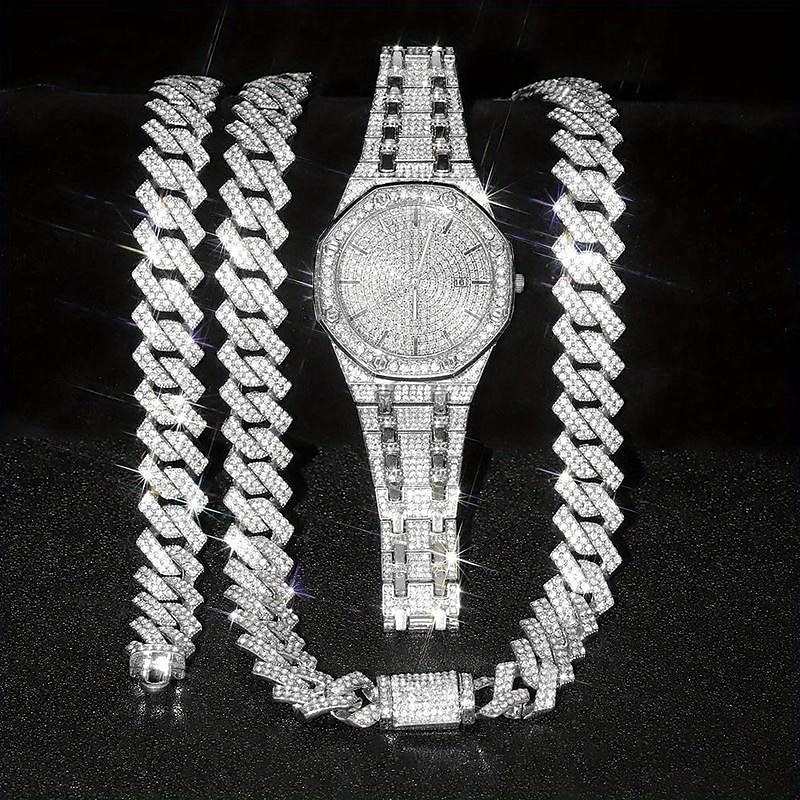 3pcs/set HipHop Mens Rhinestone Watch & Necklace & Bracelet Set, Christmas Gift2