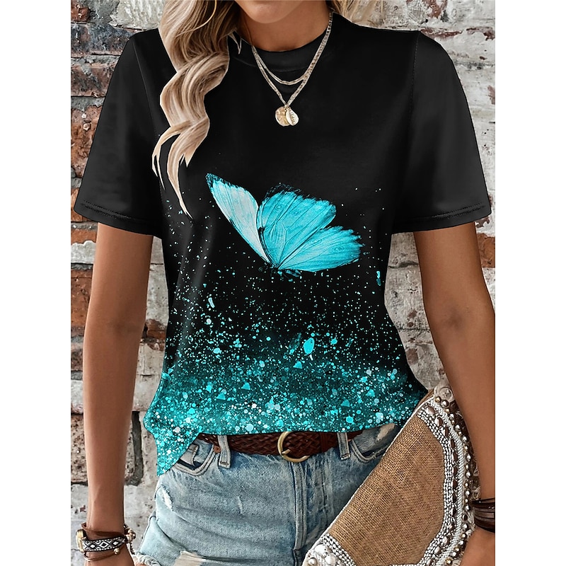 Women's T Shirt Butterfly Fashion Short Sleeve Round Neck Regular Tops Daily Weekend Print Blue Purple Fuchsia Light Blue Summer