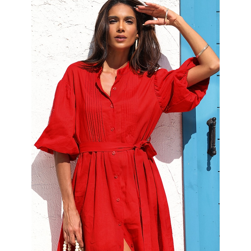 Women's Linen Cotton Shirt Maxi Dress Red Casual Collared Button-Down Loose Fit Puff Sleeve Belted2