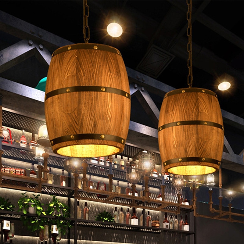 Wooden Wine Barrel Chandelier Bar Cafe Lights Vintage Rustic Wine Barrel Decor Hanging Light Kitchen Light Fixtures Pendant Lamp Barrel Shade Ceiling Light Farmhouse Pendant Light 110-240V