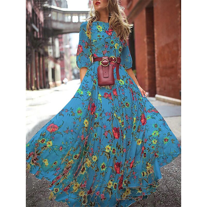 Women's Chiffon Floral Print Crew Neck Long Dress Maxi Dress Bohemia Vacation Summer Spring4