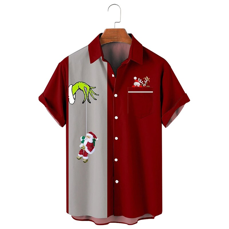Christmas Men's Santa Claus Hawaiian Shirt Color Block Santa Claus Reindeer Casual Aloha Outdoor clothing Daily Wear Streetwear Fall Turndown Short Sleeve Black Red Green S M L Normal3