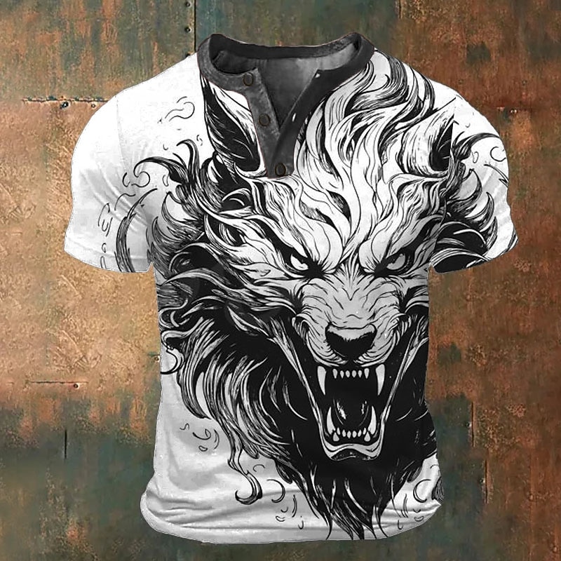 Men's Halloween Graphic Animal T Shirt Henley Shirt Short Sleeve 3D Print Fashion Retro Vintage Classic Sports Outdoor Holiday Going out Spring & Summer White Red Blue Brown Green Henley Henley