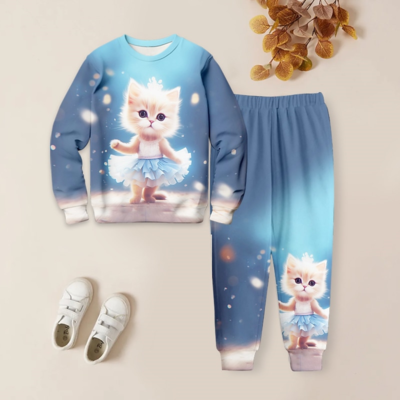 Girls' 3D Cat Sweatshirt & Sweatpants Set Pink Long Sleeve 3D Printing Spring Fall Active Fashion Cute Kids 3-12 Years Crew Neck Outdoor Vacation Street Regular Fit2