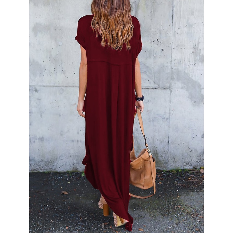 Women's Casual Dress Long Dress Maxi Dress Cotton Pocket Split Date Maxi Basic V Neck Short Sleeve Black White Pink Color 8