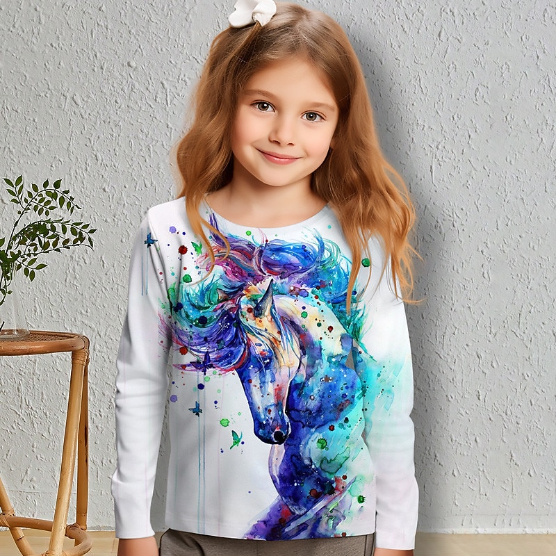 Girls' 3D Horse Tee Shirts Long Sleeve 3D Print Spring Fall Active Fashion Cute Kids 3-12 Years Crew Neck Outdoor Casual Daily Regular Fit2