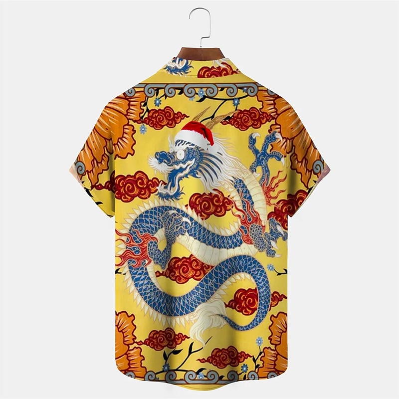 New Year Men's Dragon Shirt Button Up Shirt Short Sleeve Casual Daily Wear Going out Weekend Autumn / Fall Turndown Print Button-Down Yellow Red Burgundy2