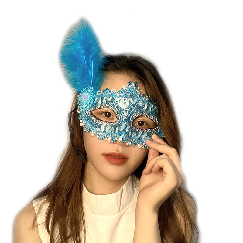 Makeup Ball Princess Feather Lace Mask Children's Half Face Eye Mask Women's Blue Halloween Party Props2