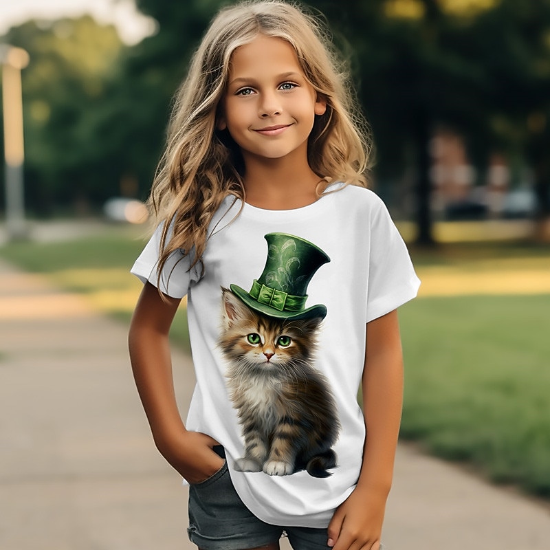 St. Patrick Girls' 3D Cat Tee Shirt Short Sleeve 3D Print Summer Active Fashion Cute Polyester Kids 3-12 Years Crew Neck Outdoor Casual Daily Regular Fit3