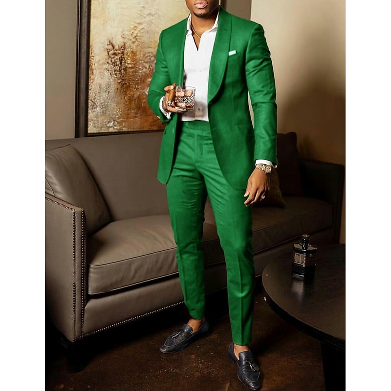 Men's Wedding Party Evening Wear Suits Shawl Collar Green Army Green Daily Business Solid Colored Plus Size 2 Piece Single Breasted Two-buttons