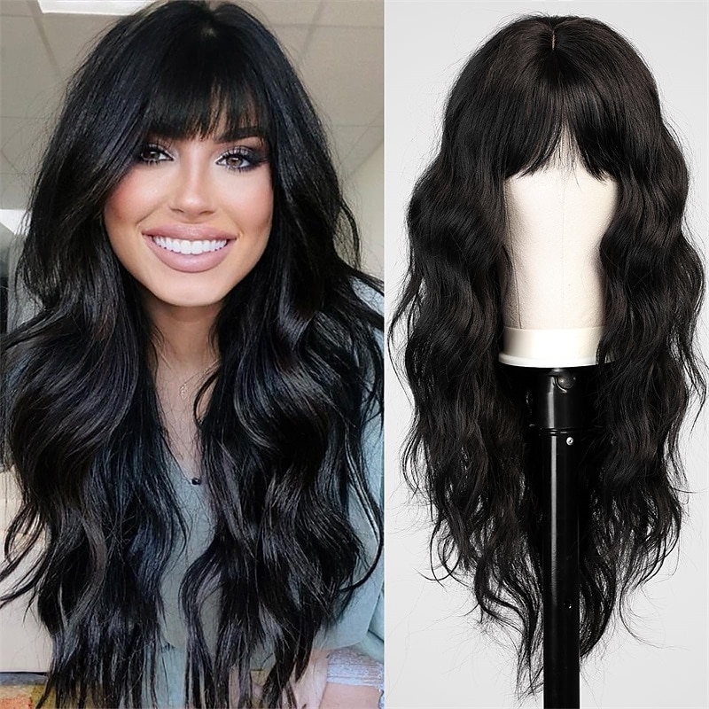 Black Wig with Bangs for Women Long Wavy Hair Wig Black Wig Curly Wavy Synthetic Wigs for Girls Daily Party Use
