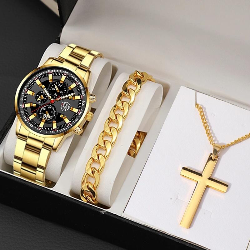 3pcs/set, Mens Calendar Stainless Steel Quartz Watch & Necklace & Bracelet Set2