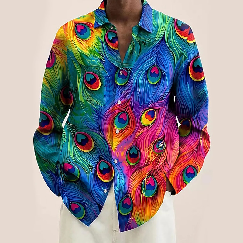 Men's Color Block Geometric Pattern Feathers Shirt Button Up Shirt Long Sleeve Hawaiian Artistic Vacation Casual Daily Weekend Spring & Summer Turndown Print Button-Down Blue Purple Green