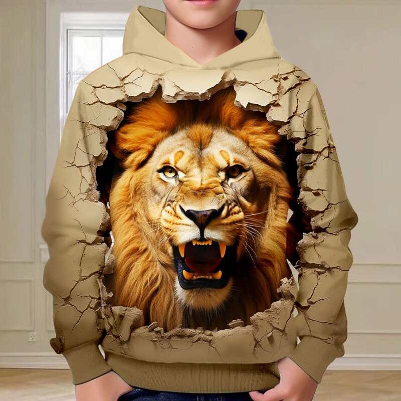 Boys 3D Lion Hoodie Pullover Long Sleeve 3D Print Spring Fall Fashion Streetwear Cool Kids 3-12 Years Hooded Outdoor Casual Daily Regular Fit