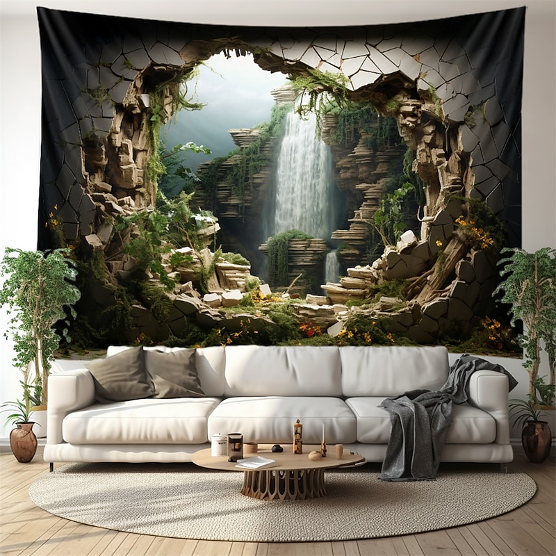 Waterfall Forest Cave Hanging Tapestry Wall Art Large Tapestry Mural Decor Photograph Backdrop Blanket Curtain Home Bedroom Living Room Decoration3