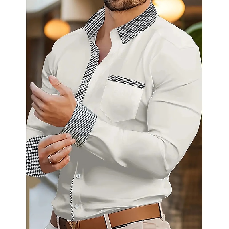 Men's Shirt Summer Shirt Dress Shirt Button Up Shirt Casual Shirt Black White Blue Long Sleeve Color Block Houndstooth Lapel Daily Vacation Front Pocket Clothing Apparel Cotton Cotton Blend Fashion4