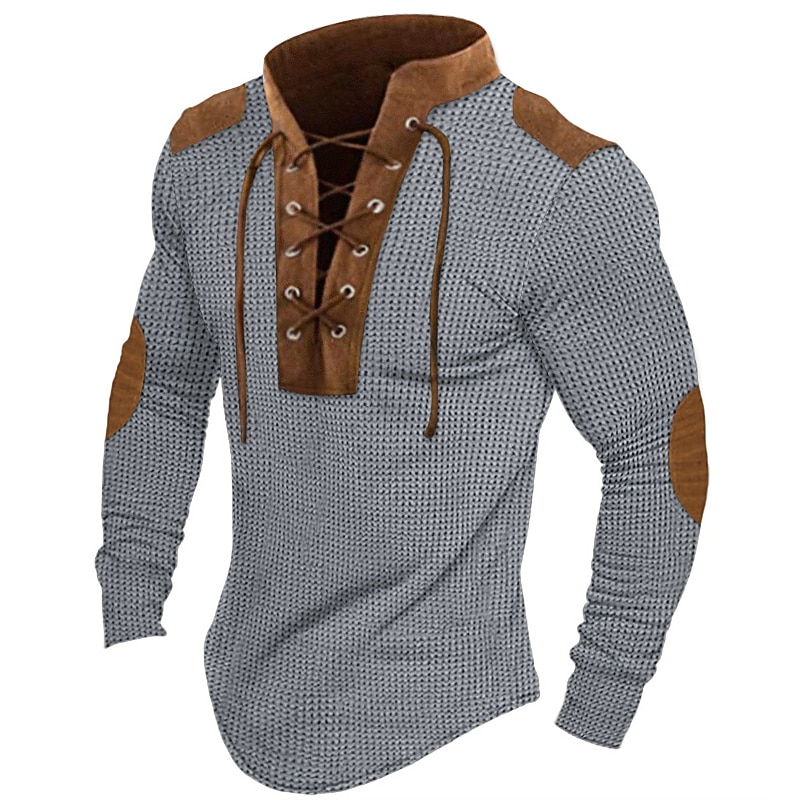 Men's Waffle Shirt T Shirt Tee Top Long Sleeve Shirt Long Sleeve Collar Spring &  Fall Color Block Fashion Designer Basic Lace up Patchwork Vacation Street Going out Black Navy Blue Brown Top Tee for