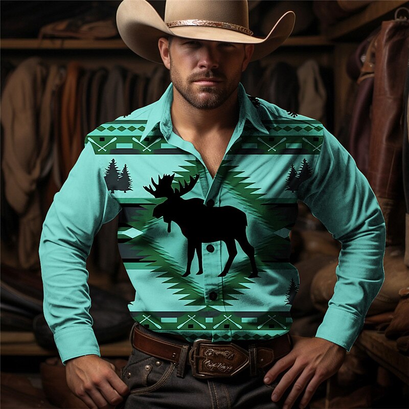 Men's Cow Ethnic Shirt Western Shirt Cowboy Shirt Long Sleeve Vintage Western Style Outdoor Street Casual Daily Fall & Winter Turndown Buttons Print Blue khaki2
