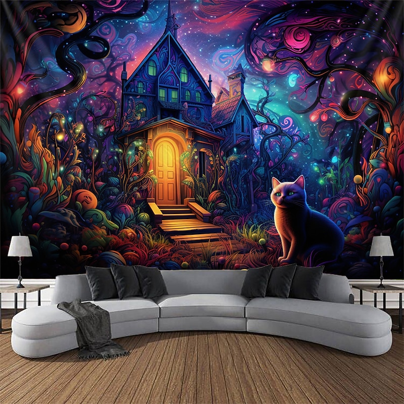Blacklight Tapestry UV Reactive Glow in the Dark Glow Party Neon Magic Castle Cat Nature Psychedelic Trippy Misty Hanging Tapestry Wall Art Mural for Living Room Bedroom4