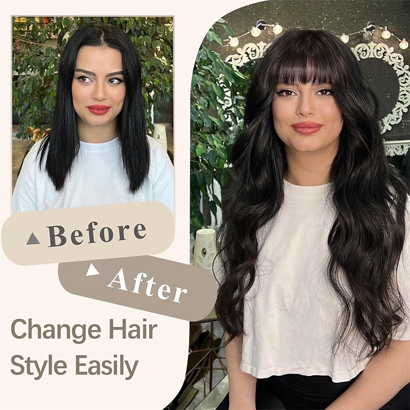 Black Wig with Bangs for Women Long Wavy Wigs Curly Synthetic Wig Natural Looking Hair Heat Resistant Wigs for Daily Party Use2