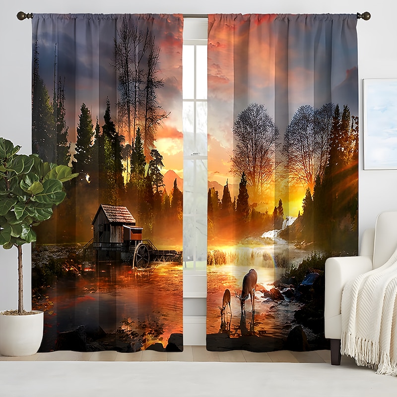 2 Panels Forest House Curtain Drapes Blackout Curtain For Living Room Bedroom Kitchen Window Treatments Thermal Insulated Room Darkening3