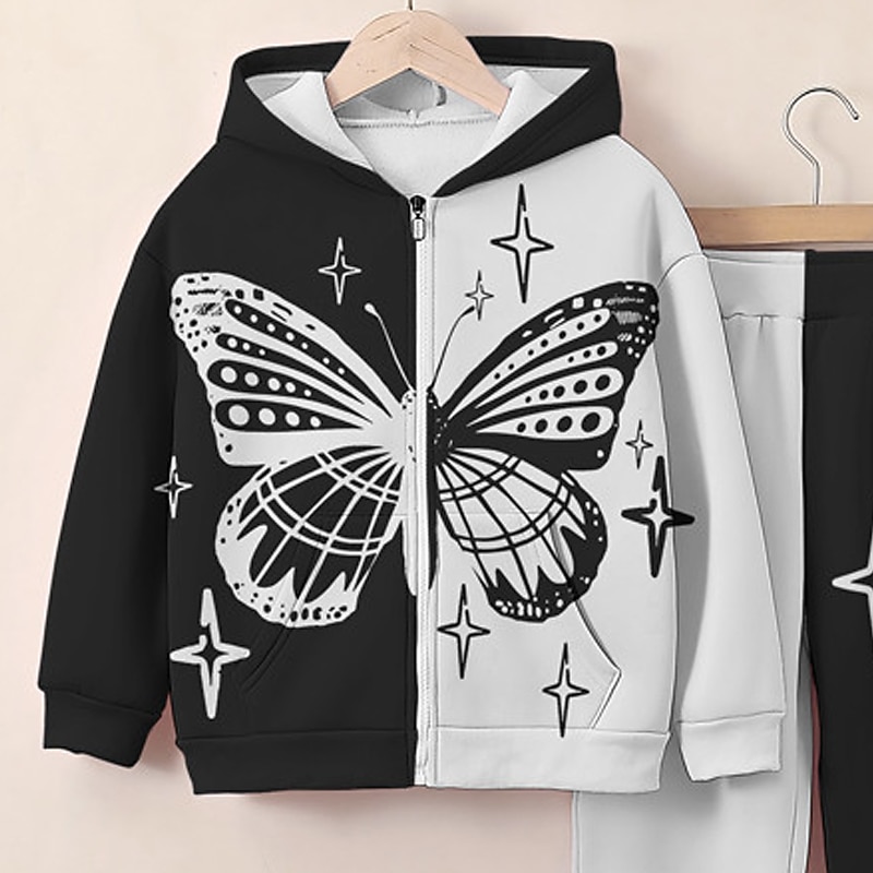 Girls' 3D Butterfly Hoodie & Sweatpants Set Long Sleeve 3D Printing Spring Fall Active Fashion Cute Kids 3-12 Years Zip Hooded Outdoor Street Regular Fit3
