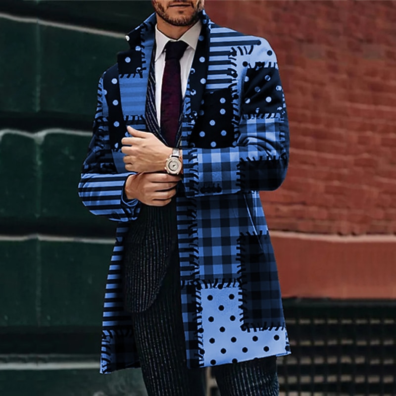 Men's Plaid Geometry Winter Coat Overcoat Coat Warm Comfortable Breathable Business Work Wear to work Going out Pocket Print Fall & Winter Turndown Long Sleeve Black Blue Purple2