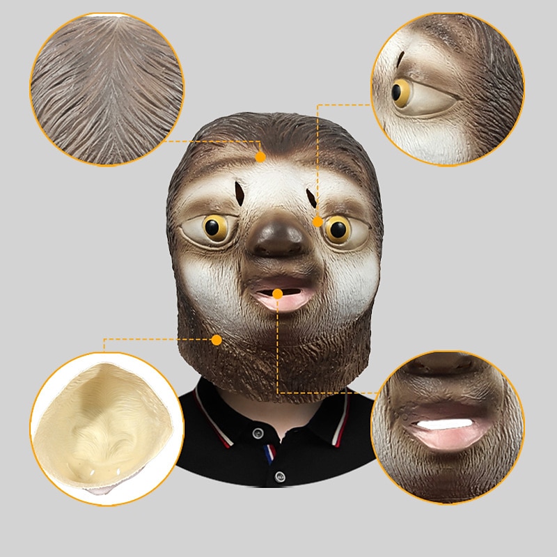 Carnival Cute Sloth Animal Head Mask Makeup Ball Funny Latex Headwear Halloween Party Performance Props