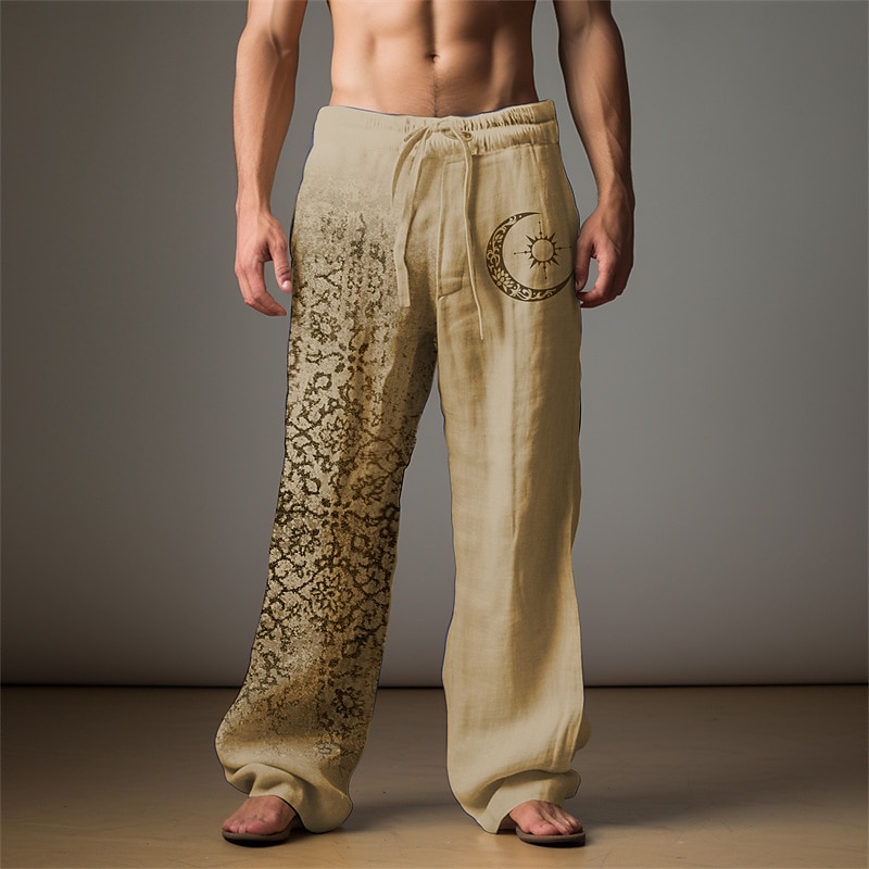Men's Graphic Moon Linen Pants Pants Trousers Baggy Pants Mid Waist Casual Vacation Daily Wear Going out Spring Fall Black Light Brown Blue2