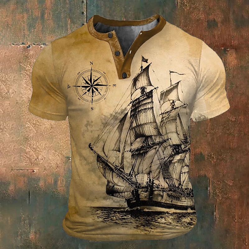 Men's Graphic Ship T shirt Henley Shirt Short Sleeve 3D Print Fashion Retro Vintage Classic Sports Outdoor Holiday Going out Spring & Summer Blue Brown Army Green Gray Henley Henley T-Shirt2