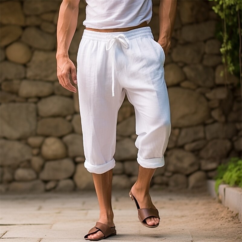 Men's Shorts Linen Shorts Summer Shorts Capri Pants Pocket Drawstring Elastic Waist Plain Comfort Breathable Calf-Length Casual Daily Holiday Simple Classic Style Black White
