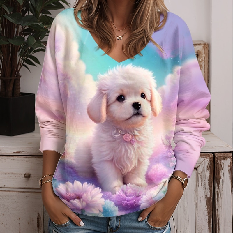 Women's Tunic T Shirt Animal Cat Fashion Funny Long Sleeve V Neck Regular Tops Daily Weekend Print Yellow Blue Purple Green Light Blue Spring &  Fall3