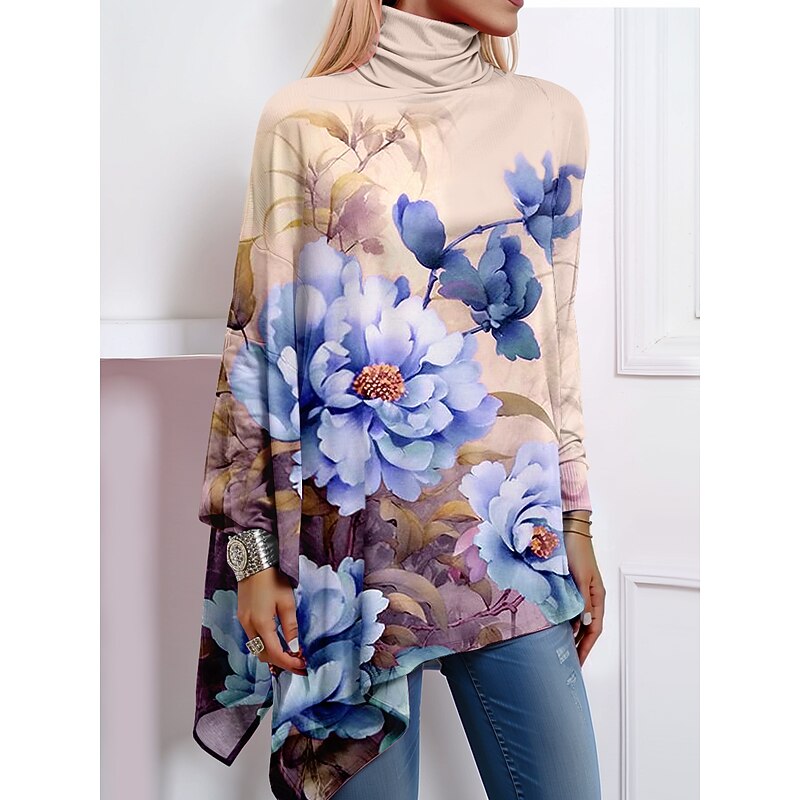 Women's T Shirt Fashion Floral Print Asymmetric Hem Long Sleeve Regular Tops High Neck Casual Holiday Pink Blue Green Khaki Spring & Fall2