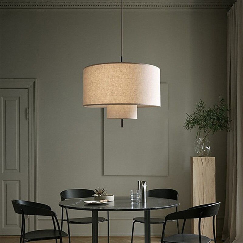 LED Pendant Light, Contemporary Drum Chandelier 3 Lights Rustic Style Fabric Lampshade Suspension Light Hanging Light Fixture for Kitchen Living Room Bedroom Restaurant3