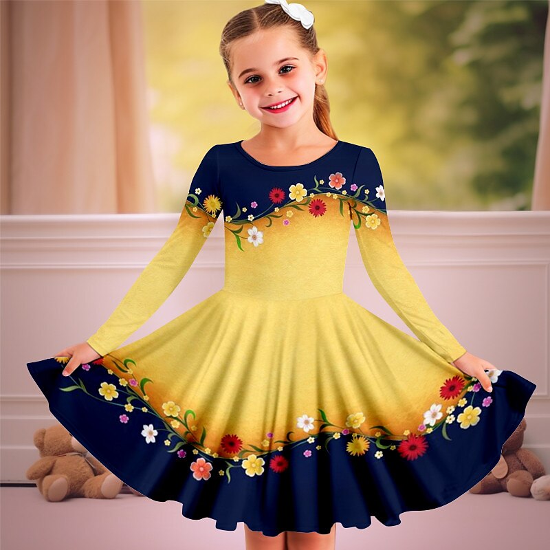 Easter Carnival Girls' 3D Floral Dress Pink Long Sleeve 3D Print Spring Fall Vacation Sports & Outdoor Daily Cute Casual Beautiful Kids 3-12 Years Casual Dress A Line Dress Above Knee Regular Fit3