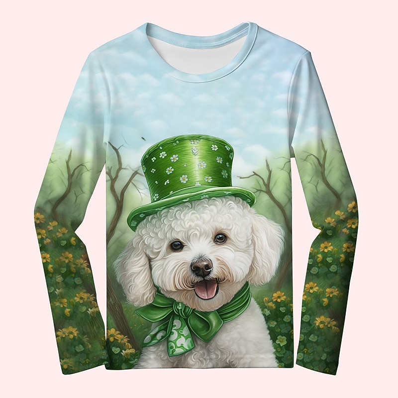 St. Patrick Girls' 3D Dog Tee Shirt Long Sleeve 3D Print Spring Fall Active Fashion Cute Polyester Kids 3-12 Years Crew Neck Outdoor Casual Daily Regular Fit3