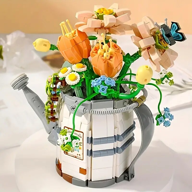 Women's Day Gifts 973pcs Cute Flower Watering Can Building Blocks Toy Potted Plant Set Assembled Building Blocks Shower Watering Can Model Mother's Day Gifts for MoM