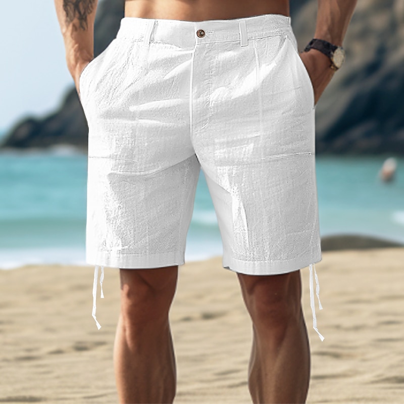Men's Shorts Linen Shorts Summer Shorts Buttons Pocket Plain Comfort Breathable Short Casual Daily Holiday Fashion Designer White Navy Blue