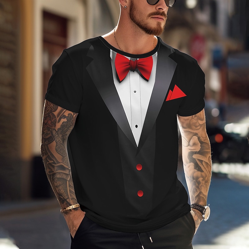 Valentine's Day Men's Graphic Bow tie Short Sleeve T shirt 3D Print Crew Neck Shirt Daily Outdoor Casual Party Casual Holiday Yellow Red Blue Spring & Summer Clothing Apparel Normal S M L XL XXL XXXL