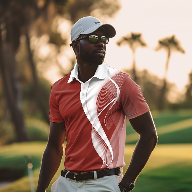 Men's Striped Sports Polo Shirts Golf Shirt Short Sleeve Polo Shirts Collared Shirts Casual Sportswear Vacation Wear 3D Print Buttons Summer Black White Wine4