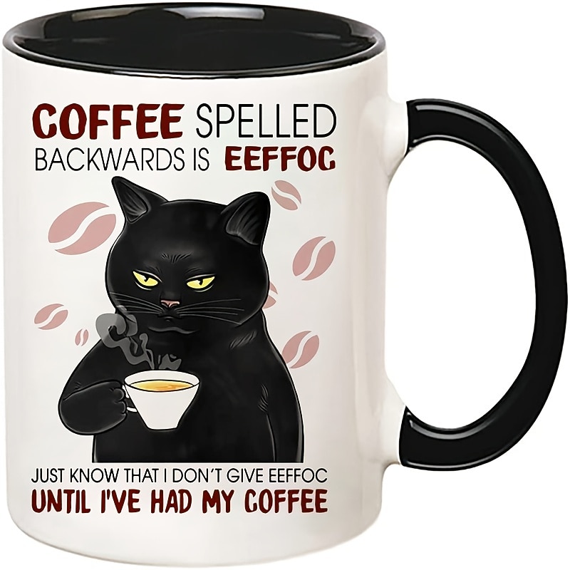 1pc Portable Ceramic Coffee Cup - Black Cat Design with Effoc Spelled Backwards - 11oz Travel Mug for On-the-Go Coffee Lovers