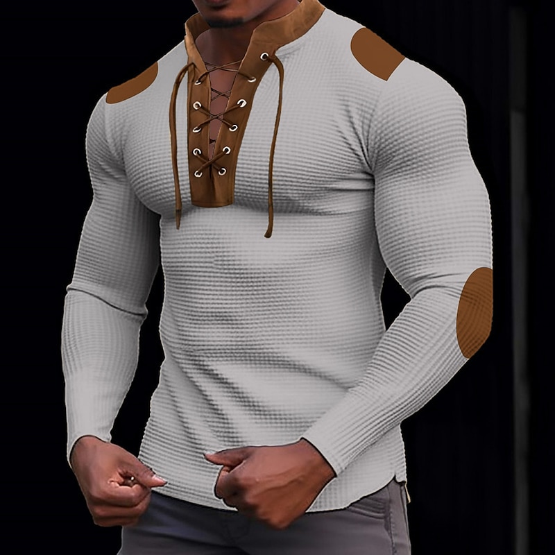 Men's T Shirt Waffle Knit Tee Tee Top Long Sleeve Shirt Long Sleeve Standing Collar Spring &  Fall Color Block Fashion Designer Basic Lace up Patchwork Vacation Street Going out Black White Blue Top3
