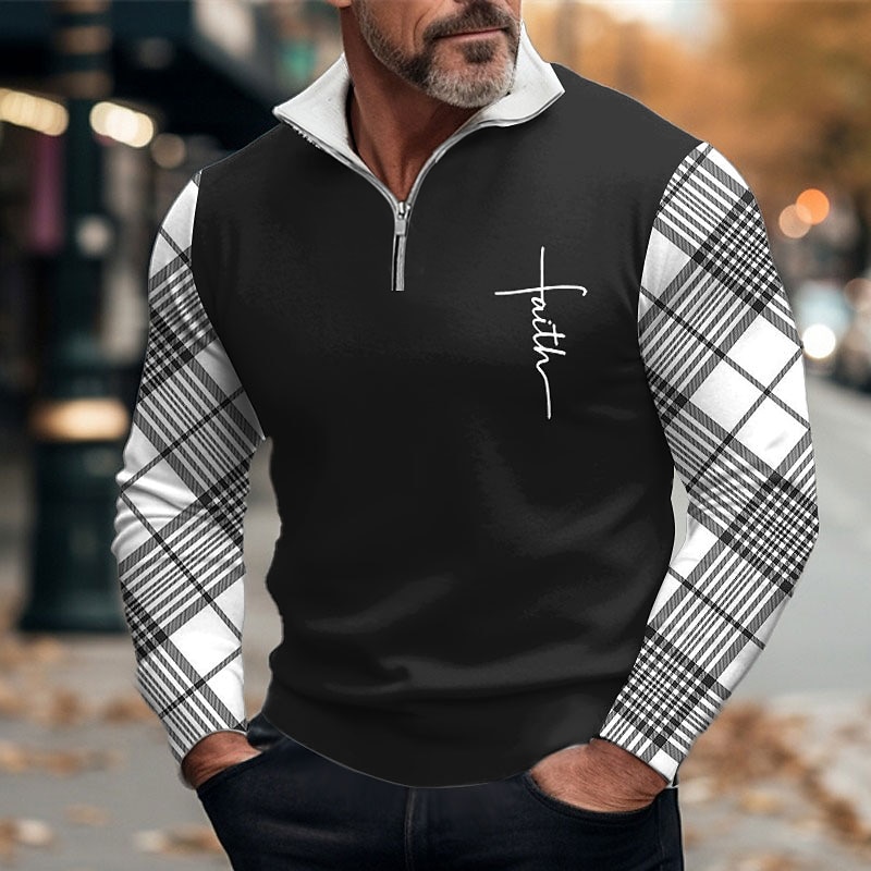Men's Plaid Faith Zip Polo Golf Polos Shirts Long Sleeve Polo Shirts Zip Business Outdoor Casual Daily Streetwear 3D Print Fall & Winter Black White Dark Navy