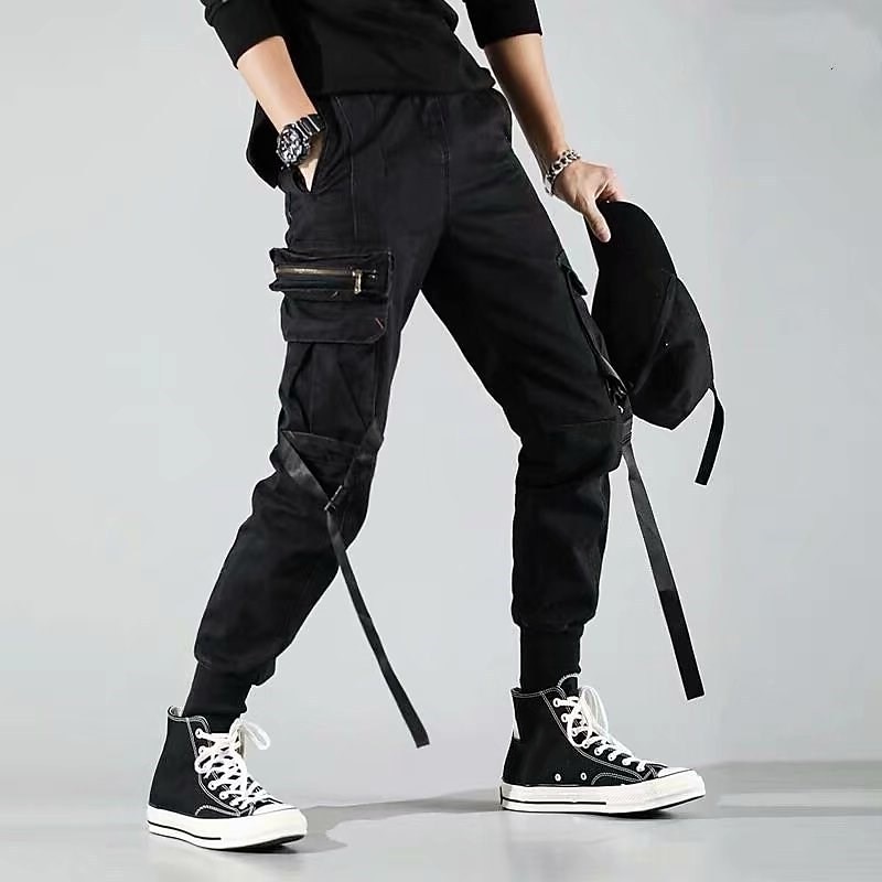 Men's Cargo Pants Joggers Techwear Drawstring Elastic Waist Multi Pocket Plain Comfort Wearable Casual Daily Holiday Sports Fashion Black3