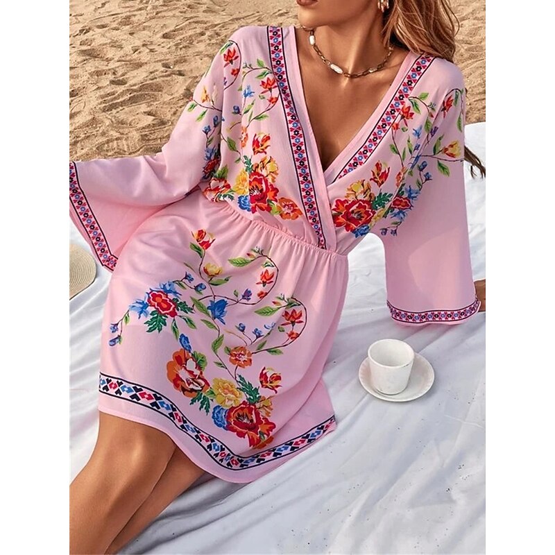 Women's Casual Dress Floral Print V Neck Mini Dress Ethnic Boho Vacation 3/4 Length Sleeve Summer Spring 10