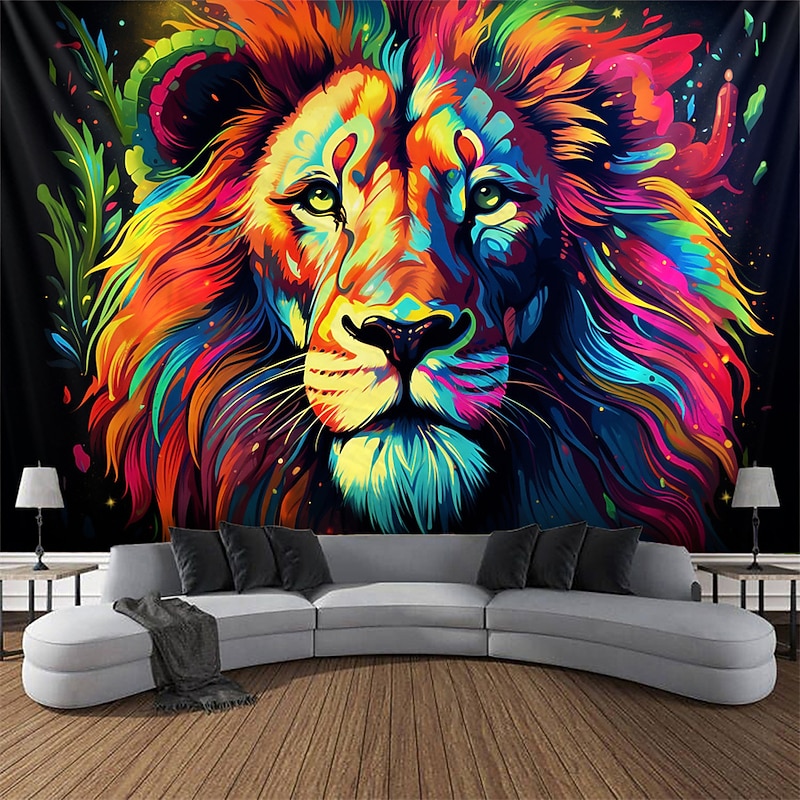 Blacklight Tapestry UV Reactive Glow in the Dark Glow Party Neon Lion Animal Psychedelic Trippy Misty Hanging Tapestry Wall Art Mural for Living Room Bedroom2