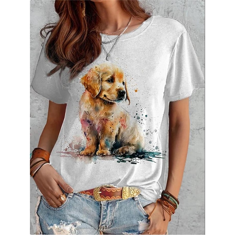 Women's T Shirt Fashion Funny Dog Print Short Sleeve Regular Tops Round Neck Daily Weekend White Yellow Blue Brown Gray Spring & Summer4