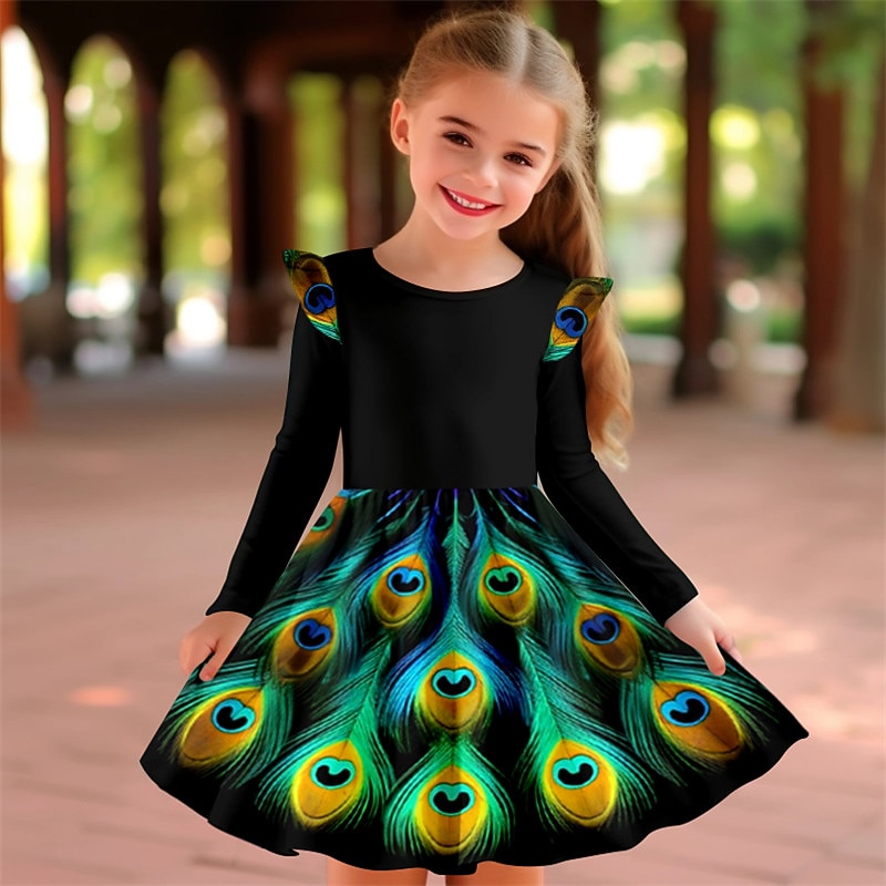 Girls' 3D Feathers Ruffle Dress Long Sleeve 3D Print Fall Winter Sports & Outdoor Daily Holiday Cute Casual Beautiful Kids 3-12 Years Casual Dress A Line Dress Above Knee Polyester Regular Fit