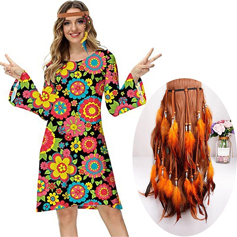 Set with Hippie Dress Boho Style Feather Hair Band 2 PCS Retro Vintage 1970s Disco Dress Women's Cosplay Costume Vintage Party Evening Long Sleeve Dress Casual Daily4