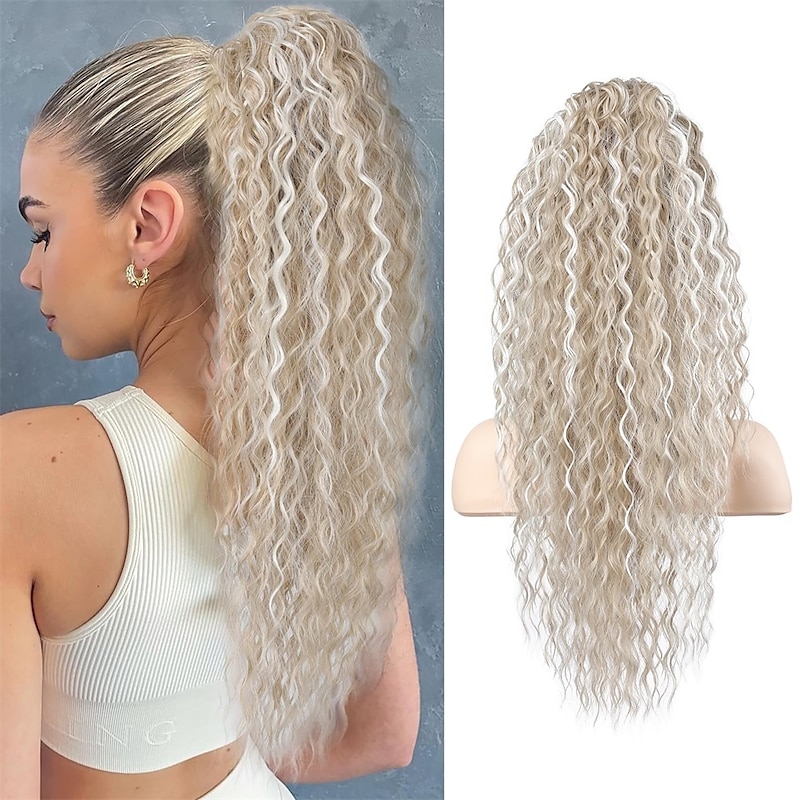 Highlight Drawstring Ponytail Extension PT005 Isabella 26 Long Bohemia Curly Pony Tail Multi Layered Light Soft Clip in Hair Extensions Ponytail Natural Dark Blonde White Blonde Highlight